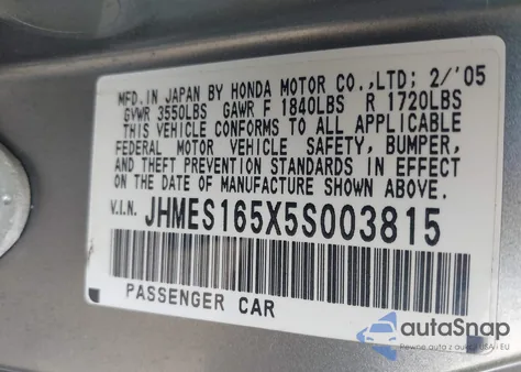 2005 Honda Civic Lx из США, поврежденный, VIN JHMES165X5S003815